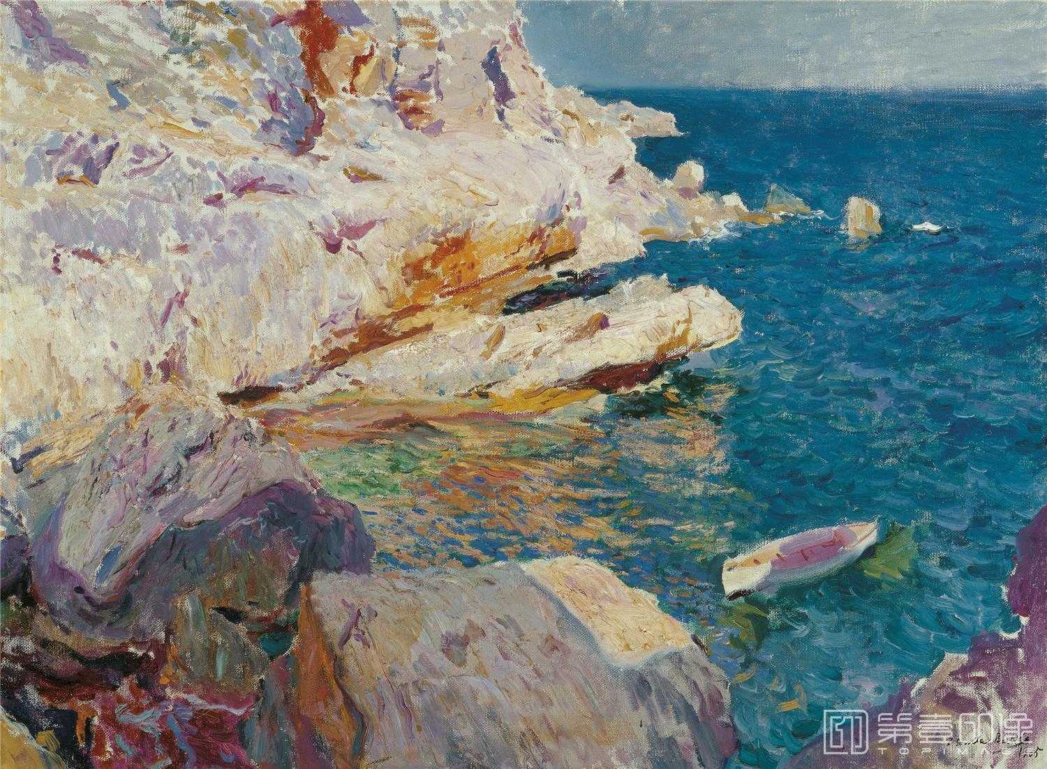 油画-西班牙喀门蒂森美术馆藏画-Joaquín Sorolla y Bastida-Rocas de Jávea y el bote blanco-089